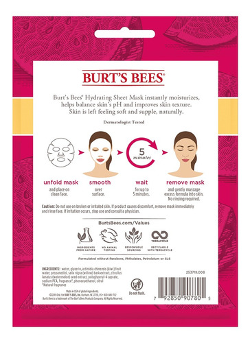 Imagen 2 de 2 de Máscara Facial Tela Burt's Bees Hidratante Con Sandía 1 Un