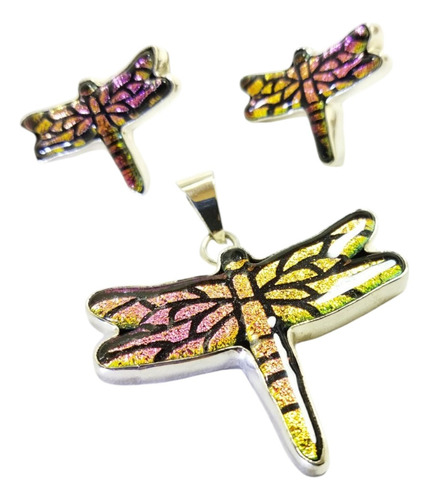 Set Dije Y Aretes De Libélula En Plata Fina .925 Y Dikroico Plata .925 Multicolor