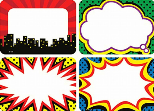 Recursos criados pelo professor: etiquetas/rótulos com nomes de super-heróis, cores multicoloridas
