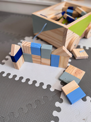Carrito De Arrastre Con Bloques De Madera X 40 Unidades