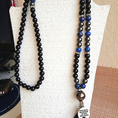Japamala Rosário/pulseira Pedras Naturais Ho'oponopono Cor Preto