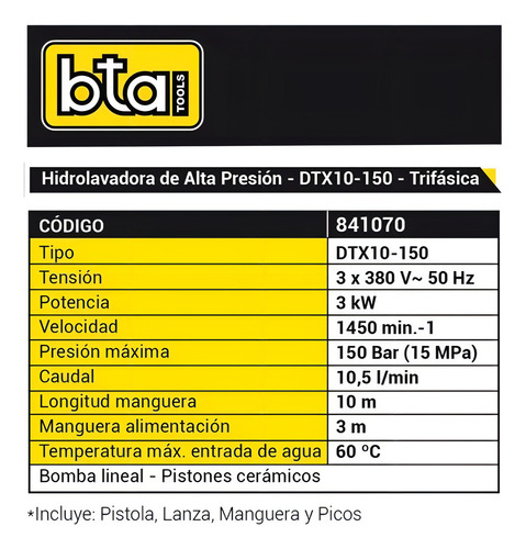 Hidrolavadora eléctrica Bta Tools DTX10-150 gris de 3kW con 150bar de presión máxima 380V - 50Hz