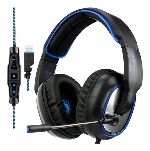 Fone de ouvido over-ear gamer Sades R7 preto e azul