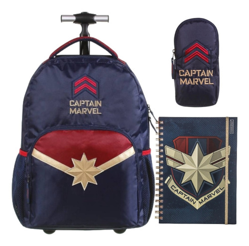 Kit Mochila Com Rodas Estojo E Caderno Capitã Marvel 