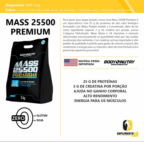 Imagem 3 de 7 de Mass 25500 3kg + Bcaa 100caps + 2 Creatina + Shaker Grátis