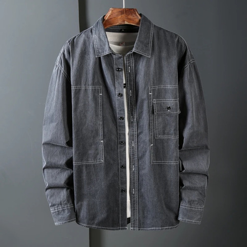 Camisa De Algodón Para Hombre, Camisa Cargo, Camisa Gris