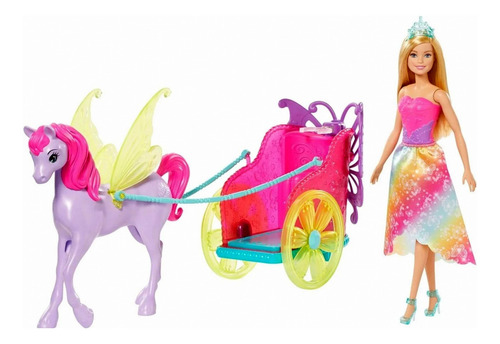 Carruagem Boneca Menina Barbie Princesa Loira Dreamtopia - Possui Detalhes De Borboleta E É Puxada Por Cavalo Com Asas - Rosa E Roxo - Mattel Brinquedos