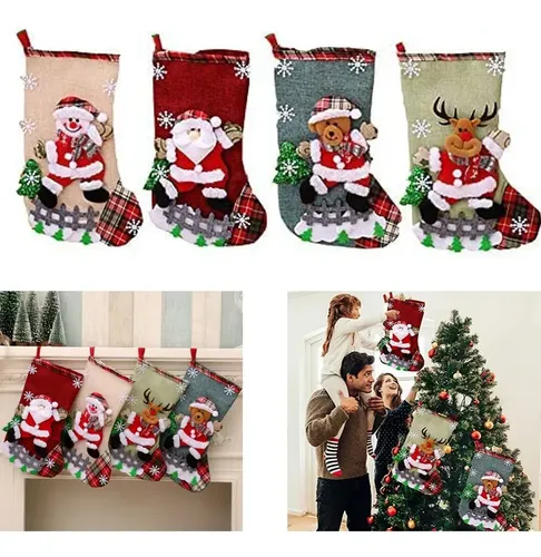 Dale Magia A Tu Navidad: 4 Calcetines Navideños 3D (22cm) De Peluche Con Diseños De Reno, Oso Y Más. ¡Perfectos Para Colgar En La Chimenea!