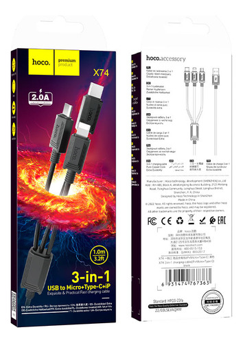 Cable Triple 3 En 1 Para Lightning Micro Usb C 1mt Hoco X74
