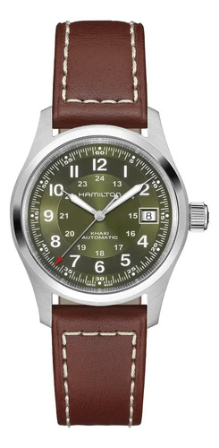 Reloj Hamilton Khaki Field H70455560 Unisex Correa Marrón Bisel Plateado Fondo Plateado