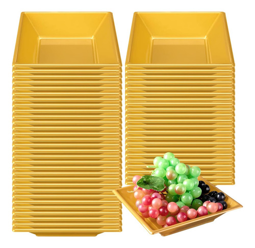100 Tazones Dorados Plásticos Cuadrados 350 Ml De Servicio