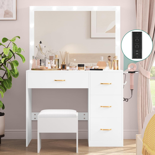 Vanity Desk Set With Large Lighted Mirror & Power Outlet, 3 