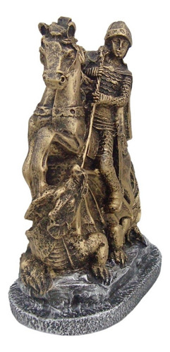 Estatueta São Jorge Pequeno De Resina Dourado C/ Base Prata Cor Dourado Com Prata