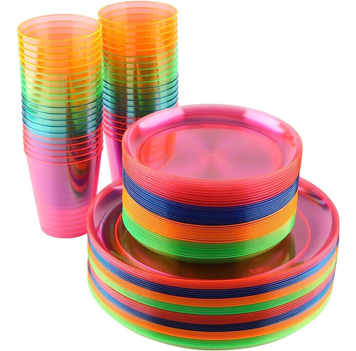 Disposable Neon Party Essentials- Juego De Platos + Tazas | 