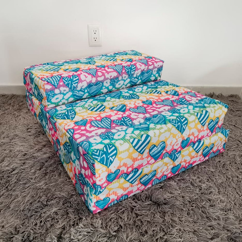 Sofá Cama Infantil Plegable, Colchoneta Con Soporte Firmé Color Arcoiris Corazones