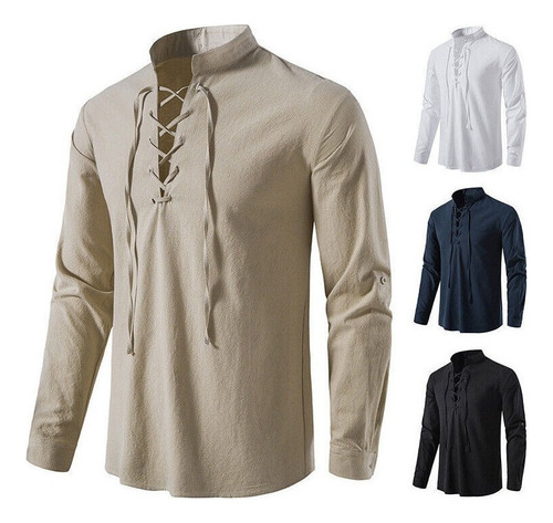 W Blusa De Hombre Con Cuello De Pico Pirata Medieval