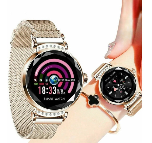 Smartwatch H2 Fashion Relógio Inteligente Com Bluetooth Cor da caixa Dourado -Rosa gold Cor da pulseira Rosa Gold Cor do bisel Preto