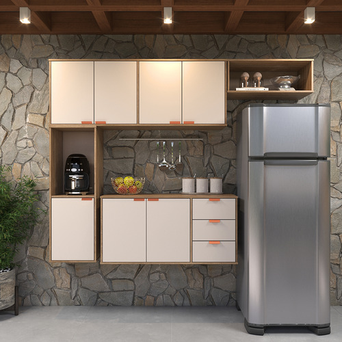 Armário De Cozinha Suspenso Compacto Com 7 Portas E 3 Gavetas, Design Moderno E Funcional Em Off White E Madeirado Estilo Nórdico, Ideal Para Otimizar Espaços -modelo Romeu