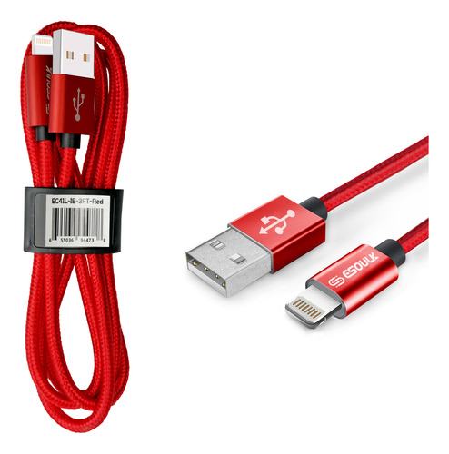 Cable Usb De 3 Pies 8 Pin Compatible Con iPhone Rojo Esoulk