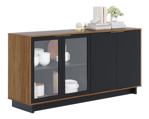 Balcão Aparador Buffet Vicky C05 Noce Milano/preto Fosco - M Cor Preto