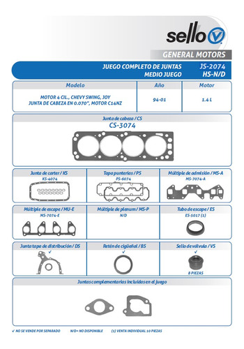 Juego Junta Motor Gm Chevy 1994-2002 1.4