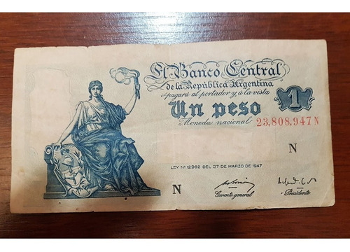 Billete 1 Peso Moneda Nacional Progreso Bottero Serie N 1947