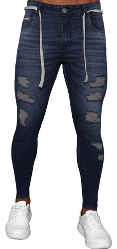 Calça Jeans Escura Skinny Destroyed Detalhe Cintura Premium