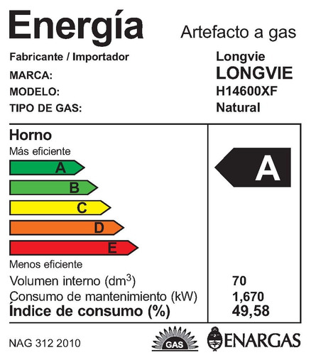 Imagen 10 de 10 de Horno A Gas Longvie H14600xf Con Cajón Parrilla De Empotrar