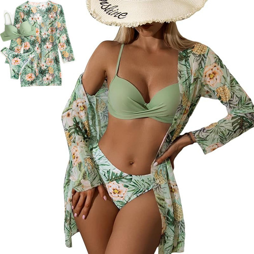Conjunto De Falda De Playa Tipo Kimono Y Bikini Con Flores P