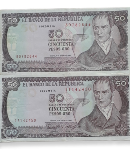 Colombia 2 Billetes De 50 Pesos Oro  1985 Y 1986 Buen Estado