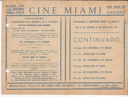 1961 Programa Sala Cine Miami Montevideo Sierra Y Paysandu