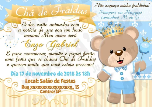 Convite Digital Chá De Bebê Urso Príncipe