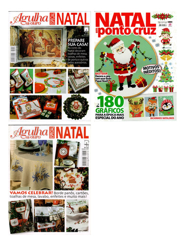 Kit 3 Revistas Bordado Ponto De Cruz Agulha De Ouro Natal