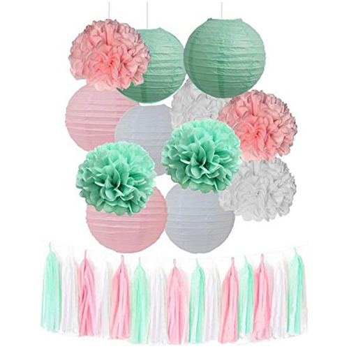 15 Pieza Mezclada Verde Menta Rosa Blanco Tejido Pompon Boda