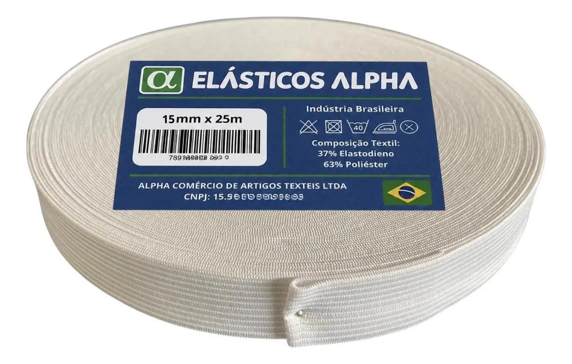Elástico Chato de Embutir para Costura e Artesanato 15mm x 25m Elásticos Alpha