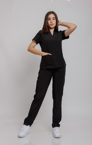 Scrub Dama Conjunto Quirúrgico Filipina Mao Corte Recto Negro Lisa L