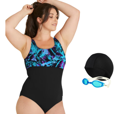 Combo Malla Talle Especial Mujer + Gorro Tela + Antiparras Bahía - G. 501 Negro / Champ Celeste 50