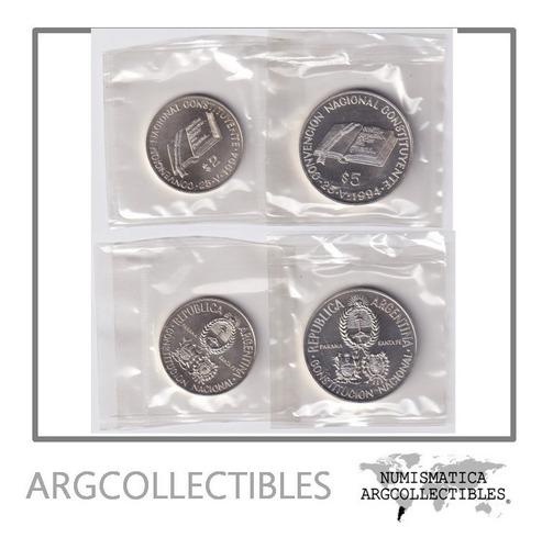 Argentina Set 2 Monedas 2 Y 5 Pesos Plata 1994 Unc