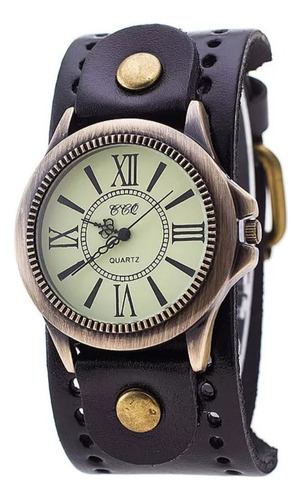 Reloj Vintage Circular Con Brazalete En Cuero Unisex 