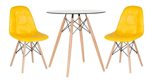 Kit Mesa Eames Wood 70 Cm Vidro 2 Cadeiras Estofada Botone Cor Amarelo