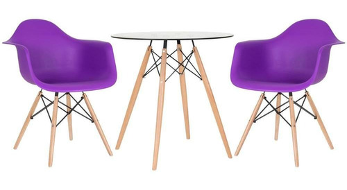 Kit Mesa De Vidro Eames Wood 70 Cm 2 Cadeiras Daw Cores Cor Da Tampa Roxo