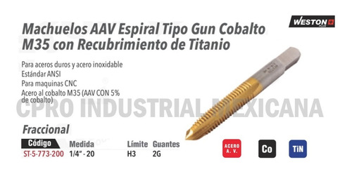 Machuelo Espiral Plus T-gun M35 Con Recub. Titanio 1/4-20
