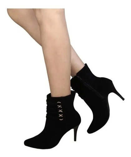 Bota Ankle Boot Salto Alto Fino Black Cadarço Cano Curto