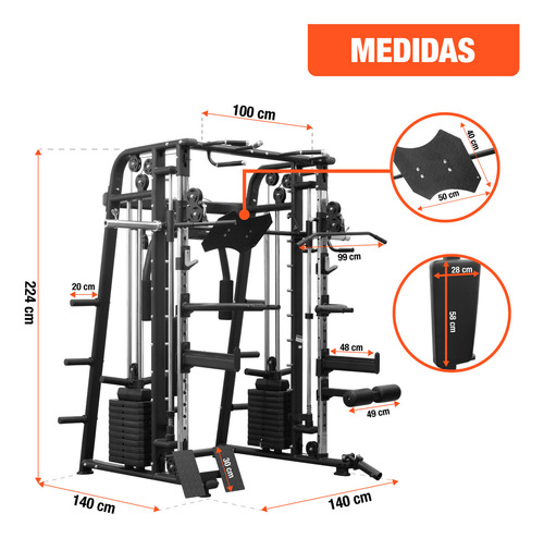 Jaula Smith Gym Altera Lobo Multifuncional Maquina Para Piernas Pecho Brazos Con Aditamentos Y Peso Integrado Color Negro