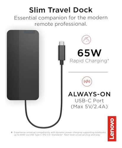 Lenovo Usb-c Slim Travel Dock, 8 Ports, Up To 65w