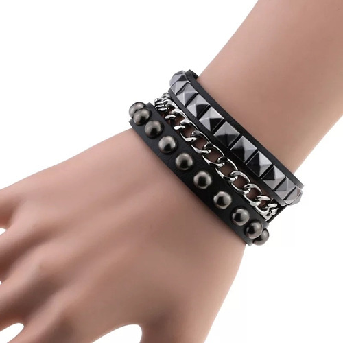 Pulsera Tachas Cadena Rock Punk Negra Ajustable 