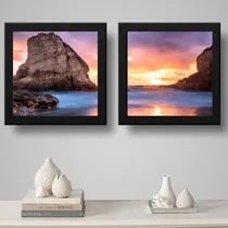Comprar Set 2 Cuadros Playa Sunset Mar Paisaje Decoracion - 33x33cm Marco Negro