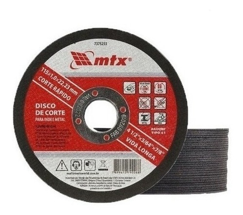 Disco De Corte Fino P/ Metal MTX 7432655 4.1/2 X 1,0 Esmerilhadeira 5 P