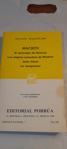 Macbeth Mercader De Venecia De William Shakespeare - Porrua 