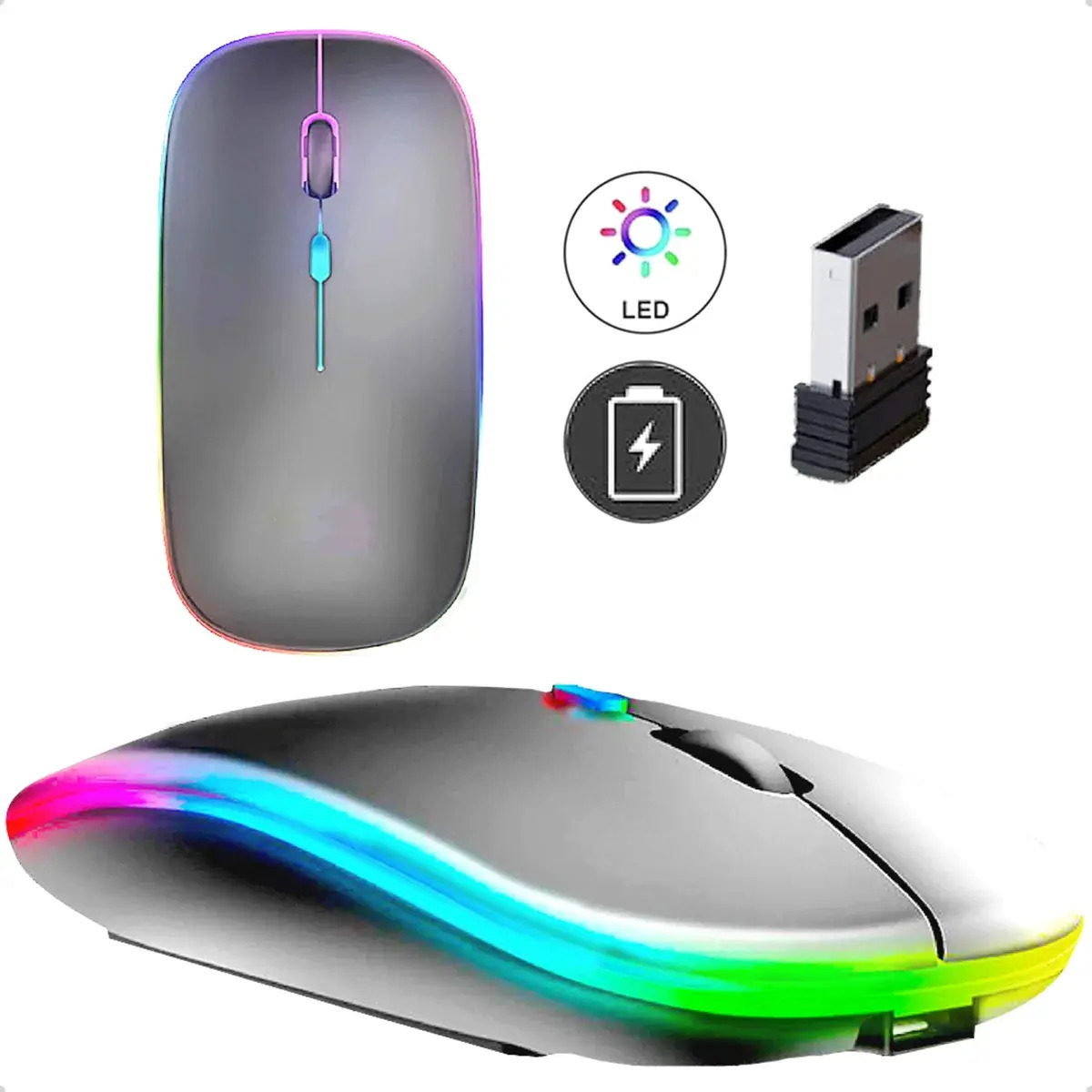 Mouse Sem Fio Recarregável Wireless Optico Led Rgb Ergonômico Sem Fio Para Pc Desktop Notebook Tablet Smartphone Cinza